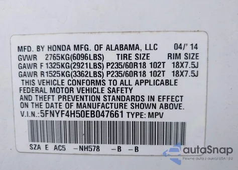 2014 Honda Pilot Ex-L из США, поврежденный, VIN 5FNYF4H50EB047661